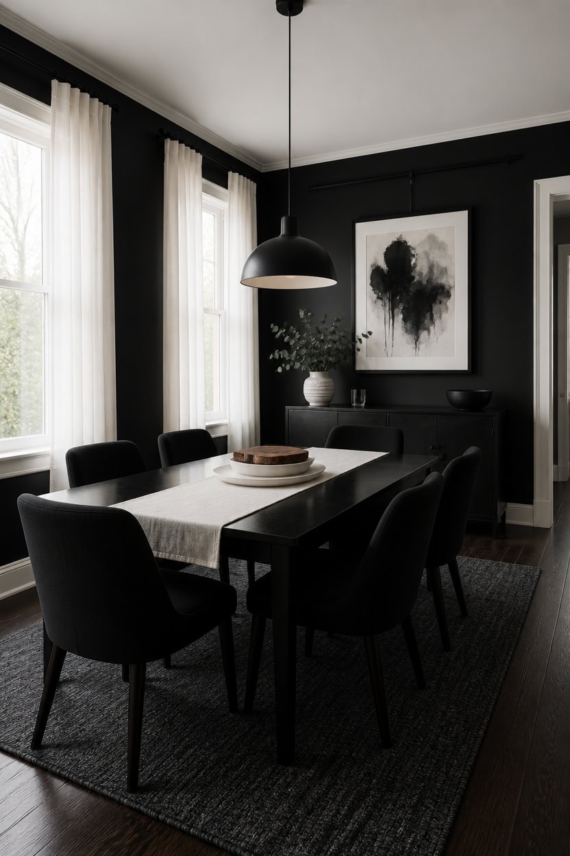 Elegant dining room with black walls, white curtains, and modern black chairs.