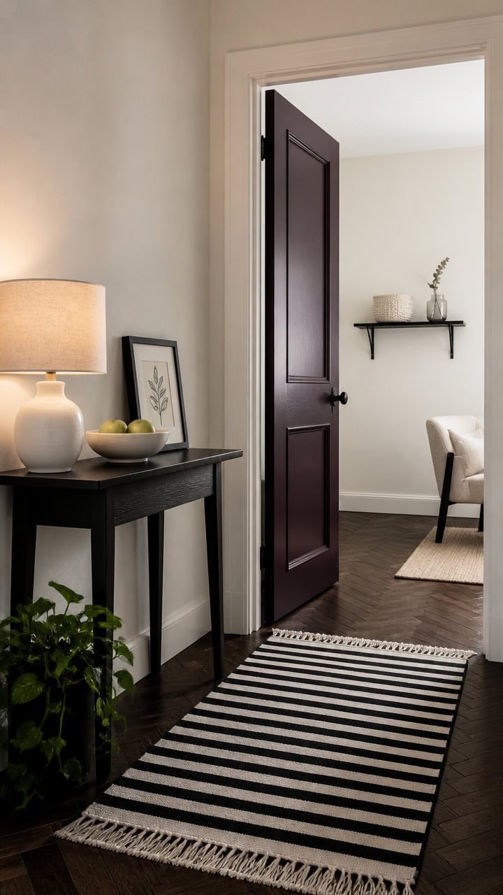 Open dark door leading to a cozy living room with a chair and wall shelf.