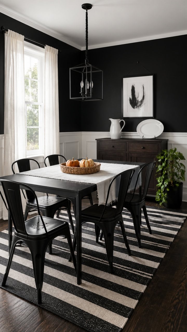 Stylish dining room with black walls, white curtains, and a black dining table with six chairs.