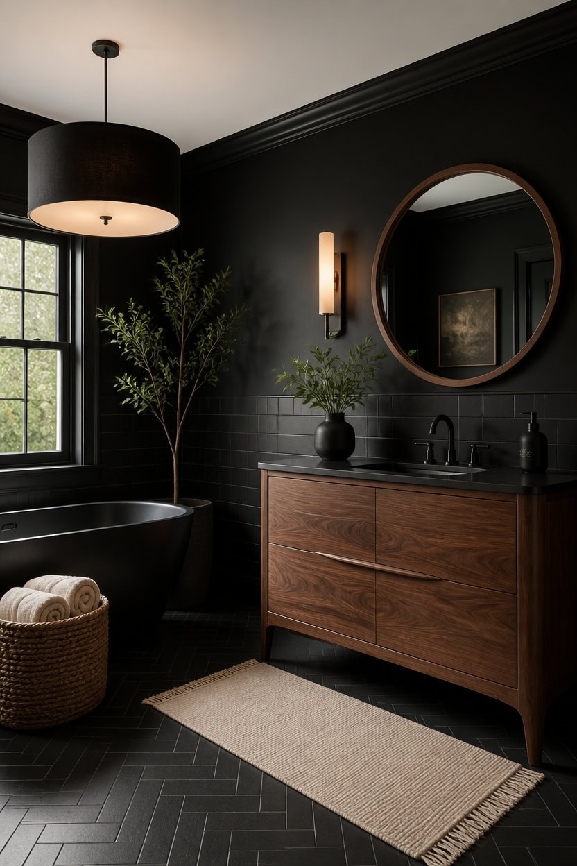 moody black and wood bathroom