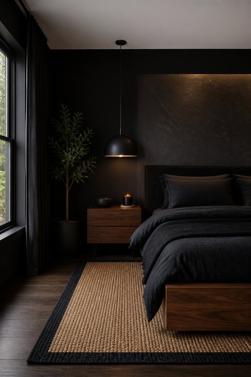 moody black and wood bedroom