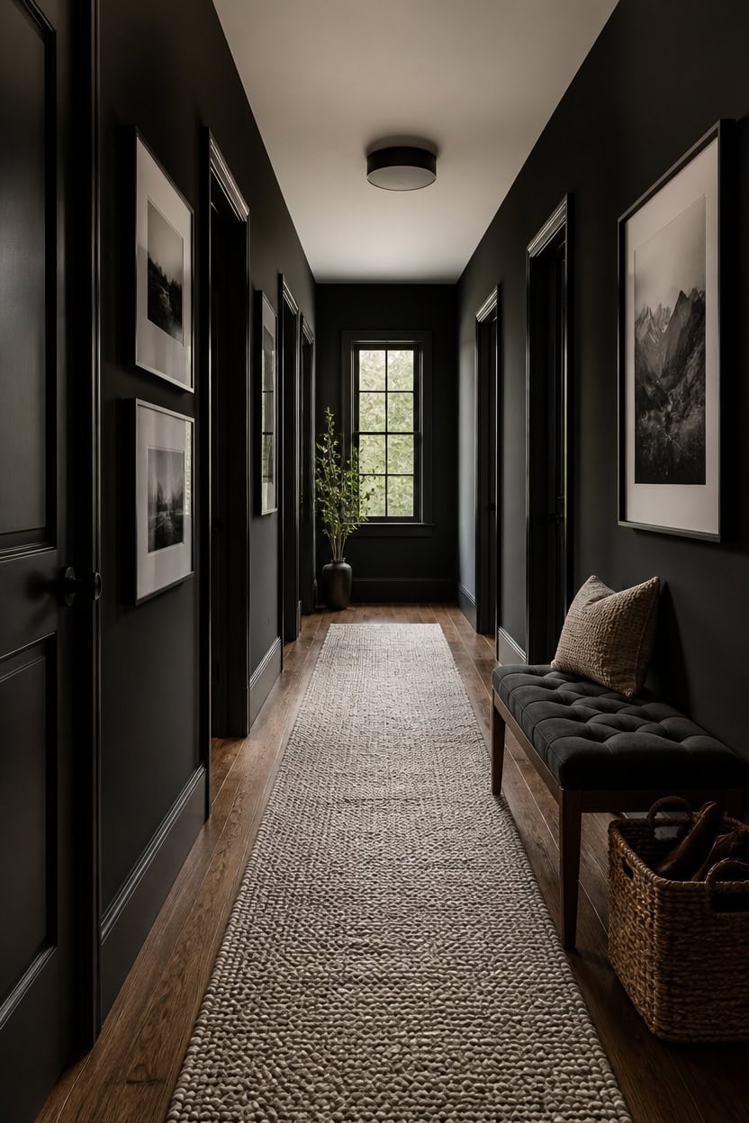 moody black hallway with runner