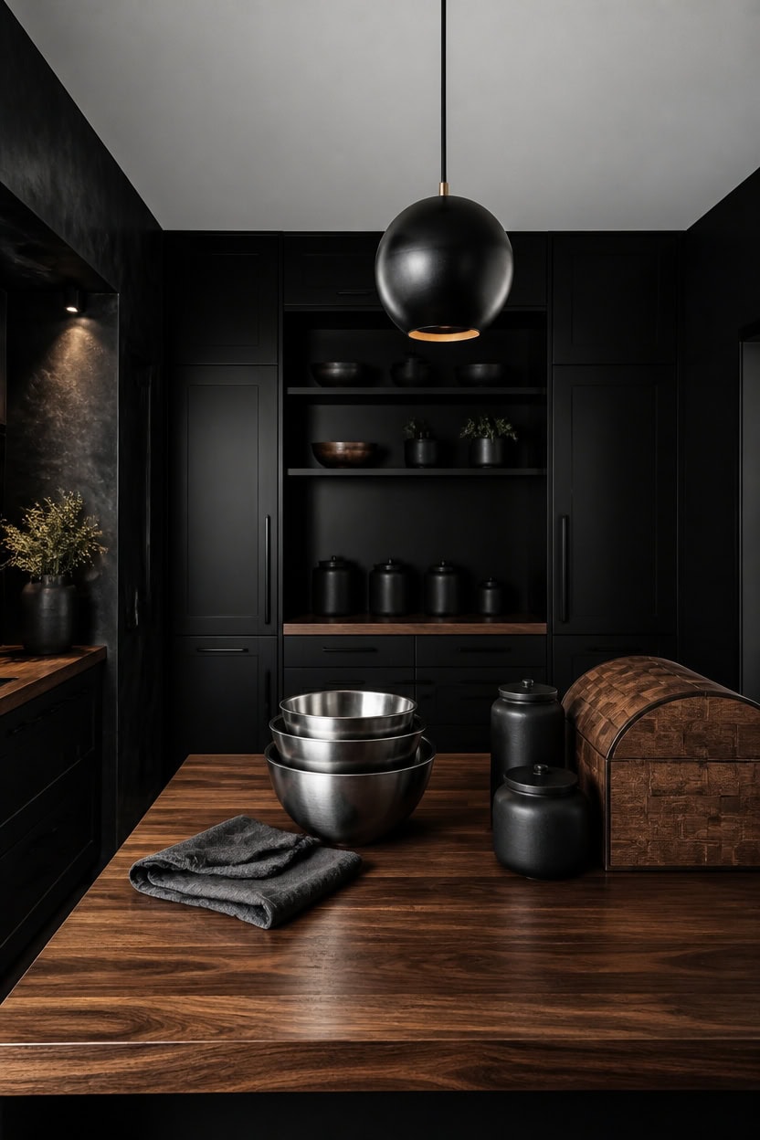 moody black kitchen styling