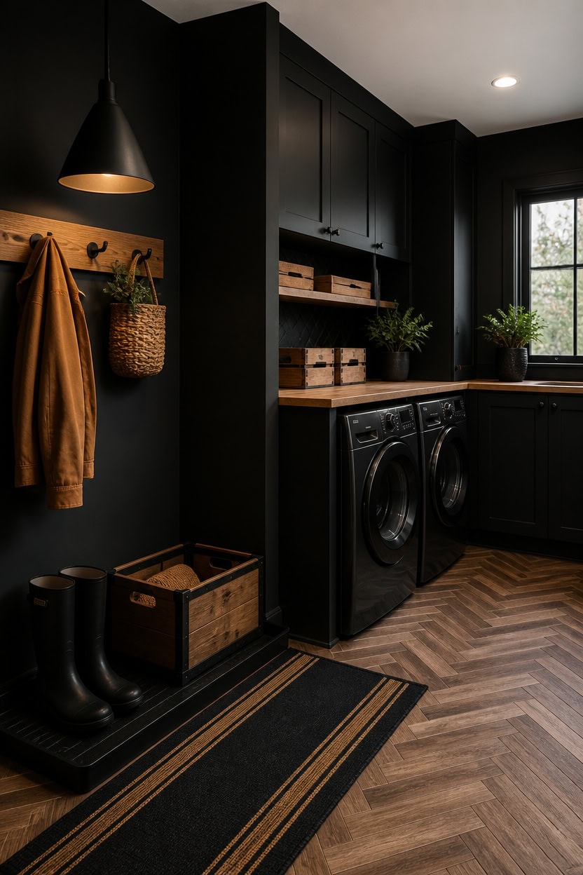 moody black woodfloor laundry