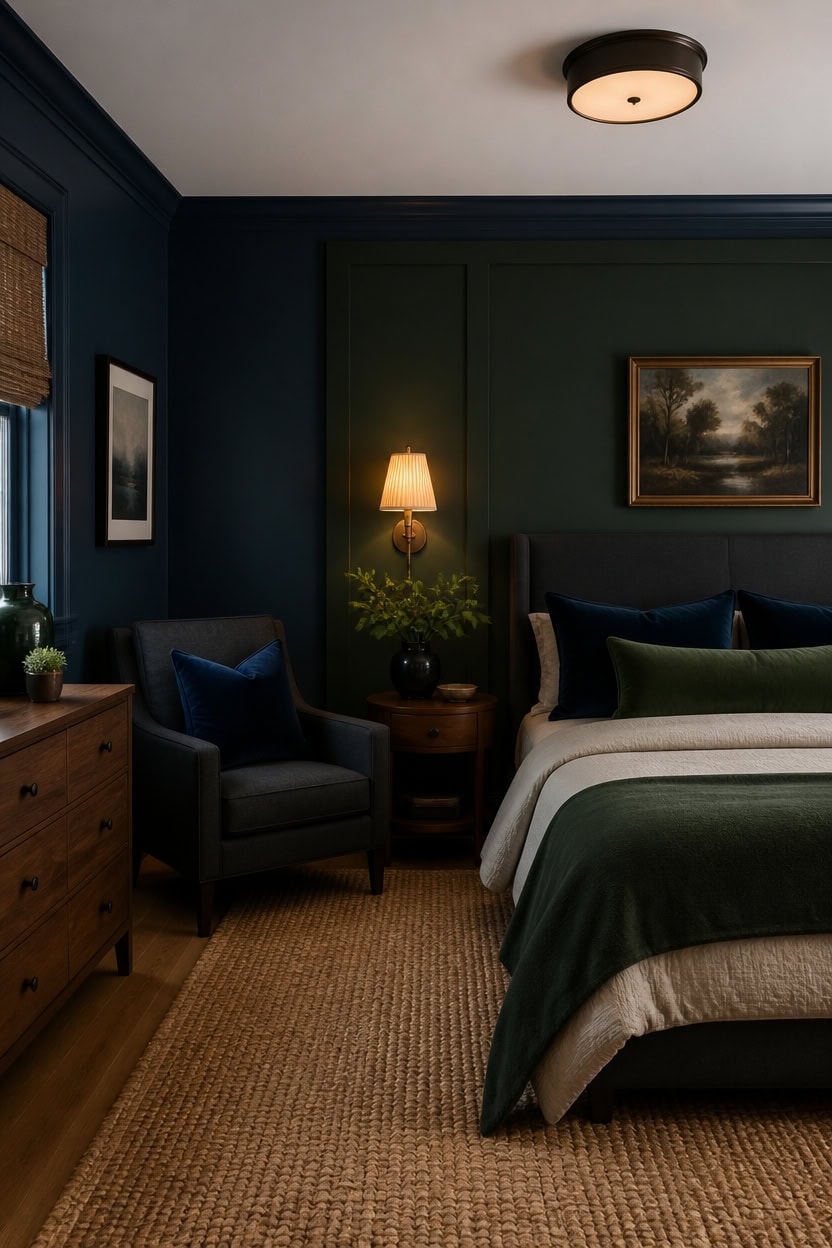 moody blue green bedroom vignette