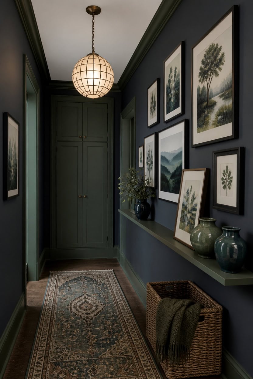 moody blue green gallery hallway