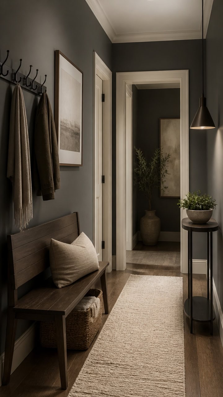 moody dark gray cream hallway