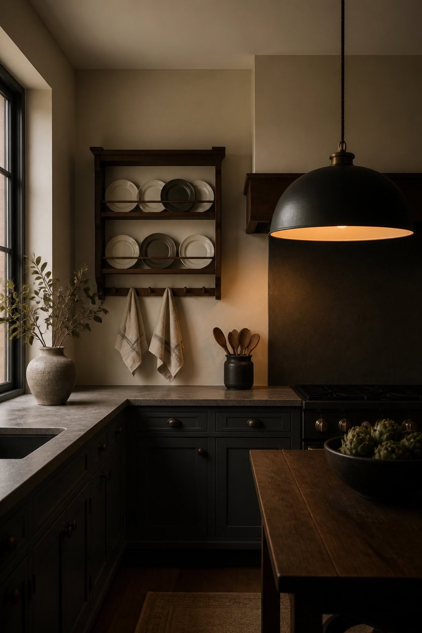moody gray kitchen lighting
