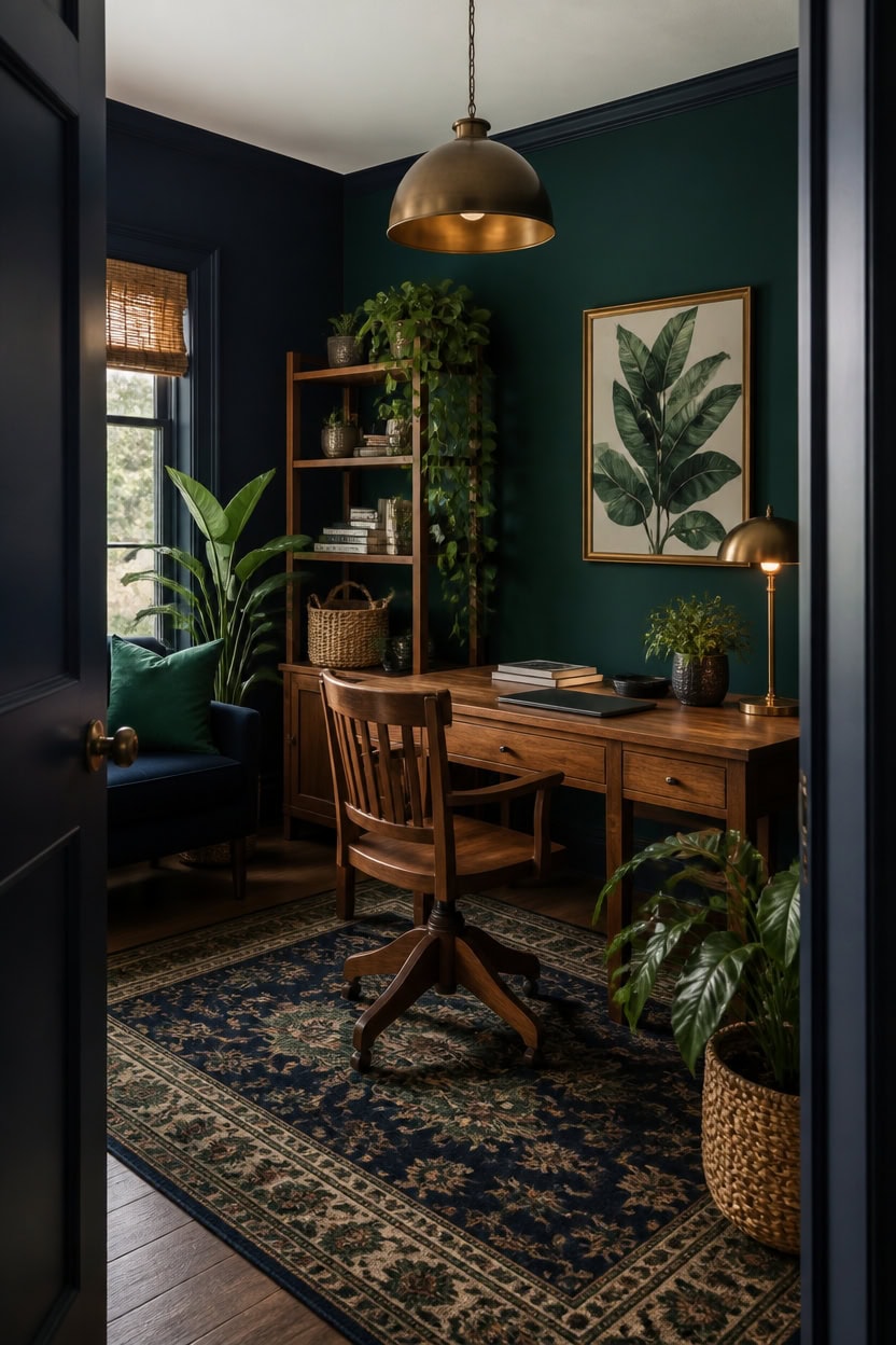 moody navy and emerald office