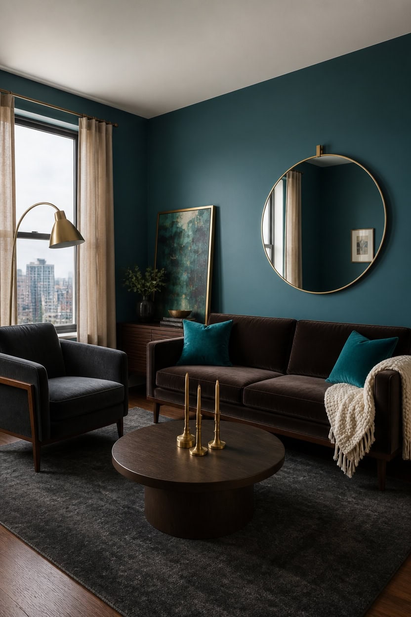 Stylish living room with teal wall, round mirror, and cozy furniture.
