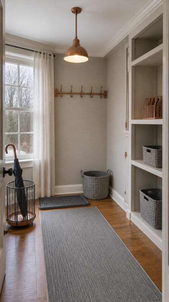 Gray and Copper Mudrooms for Women Who Come Home With Something Every Time