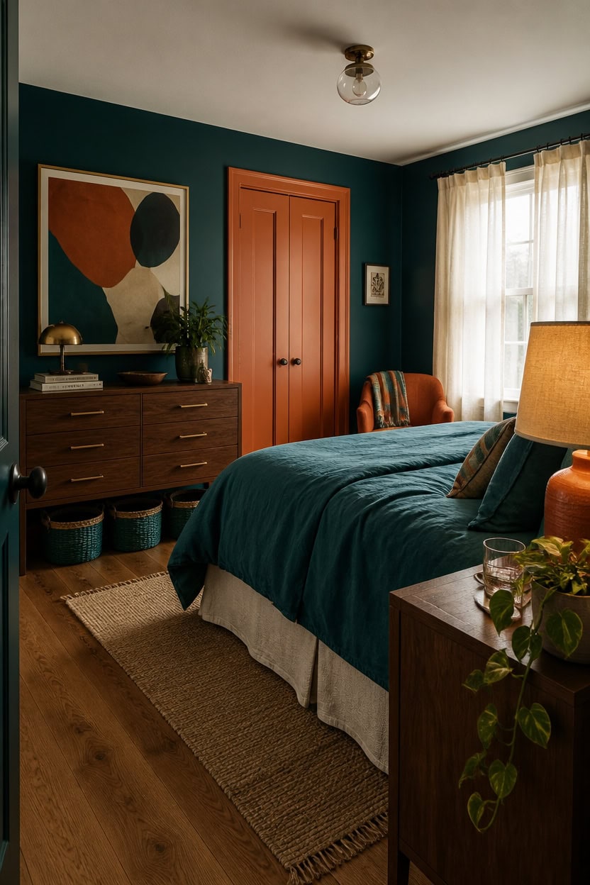 Comfortable bedroom with teal walls, wooden furniture, and natural light from window.