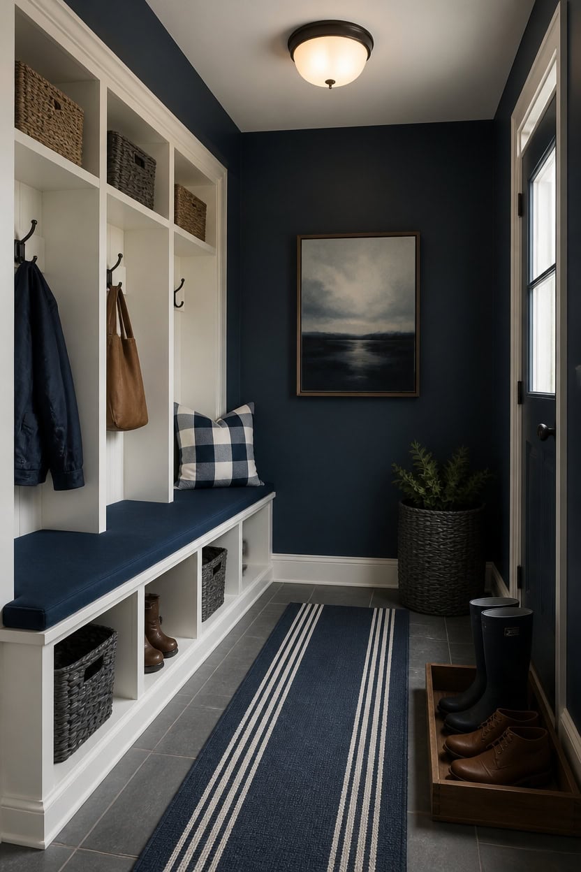 navy and vanilla mudroom vignette