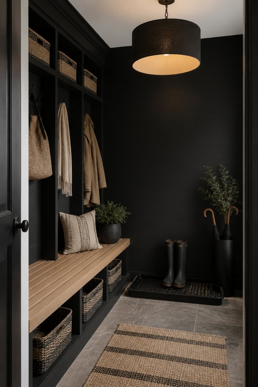 near black wood mudroom contrast