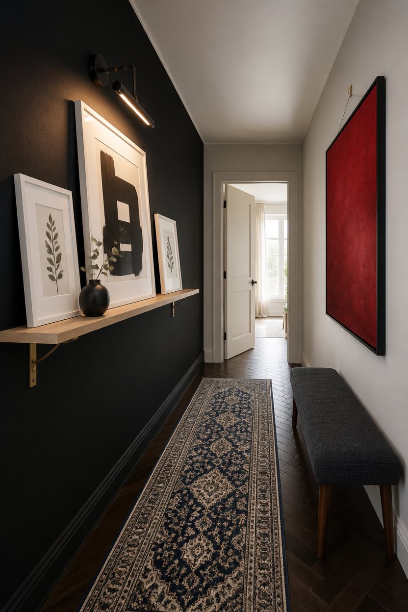 Modern apartment hallway with artwork, bench, and decorative accents.