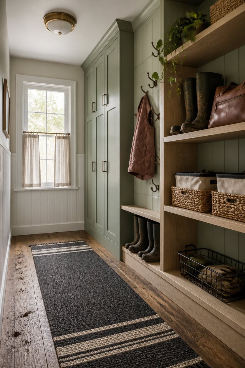 Bright mudroom with green cabinets, window, and organized shoe storage.