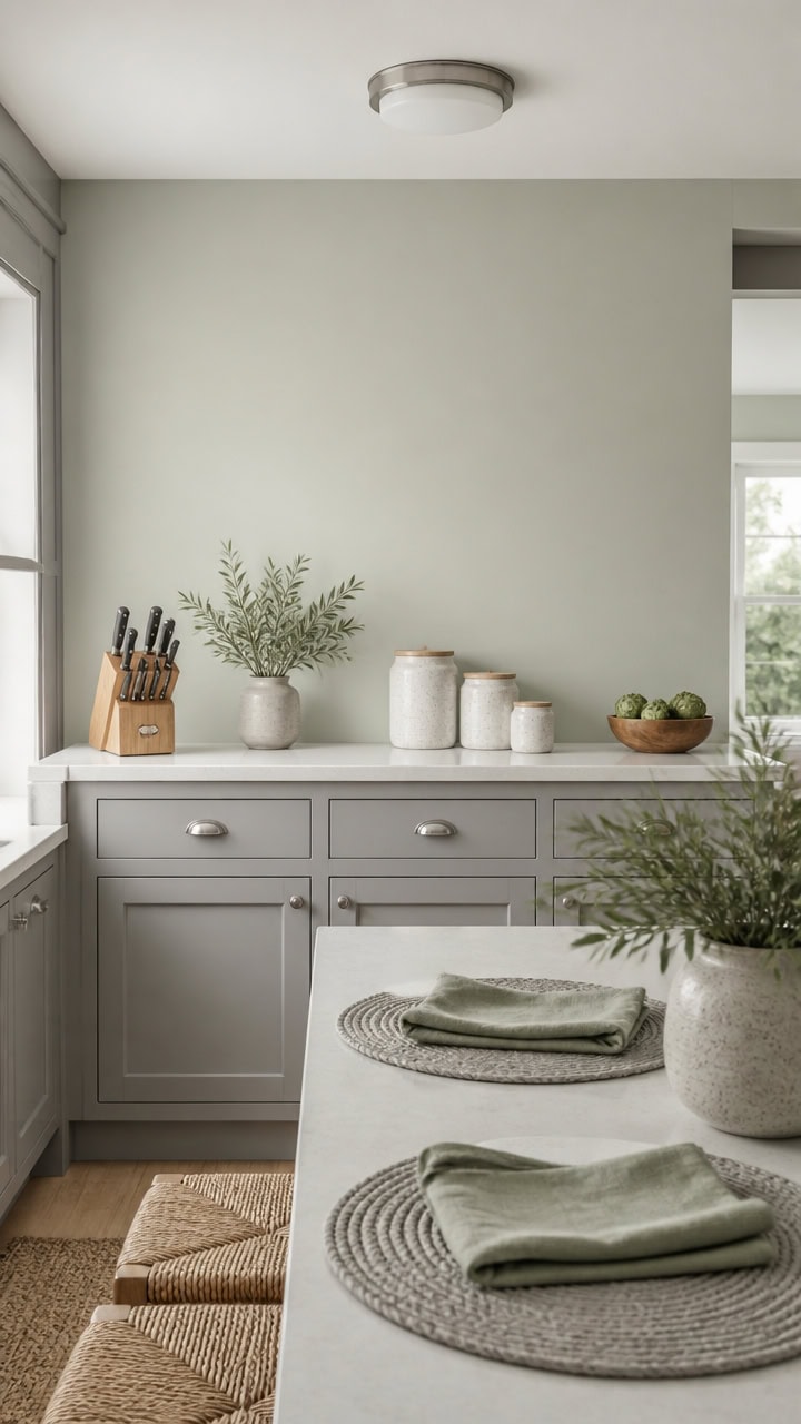 open shelf mint gray kitchen