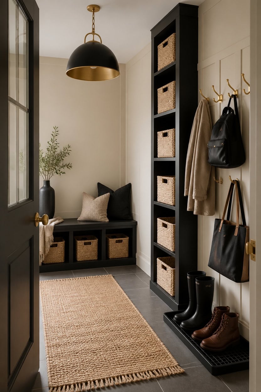 organized mudroom with contrast