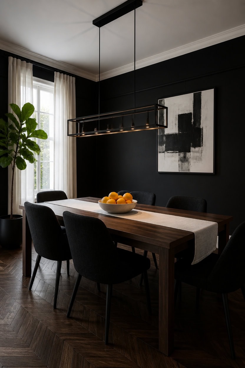 Elegant dining room with black accent wall, wooden table, and black chairs.