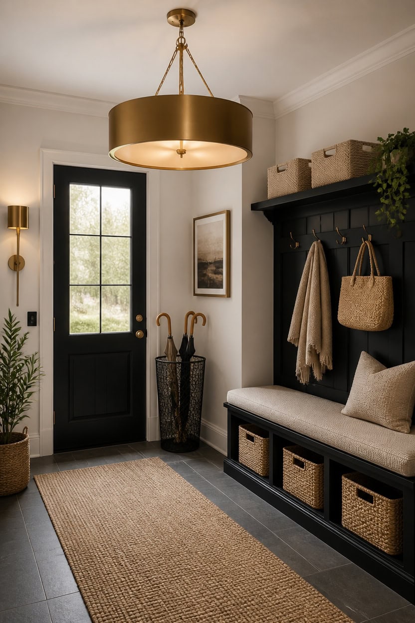 oversized gold pendant contrasts black