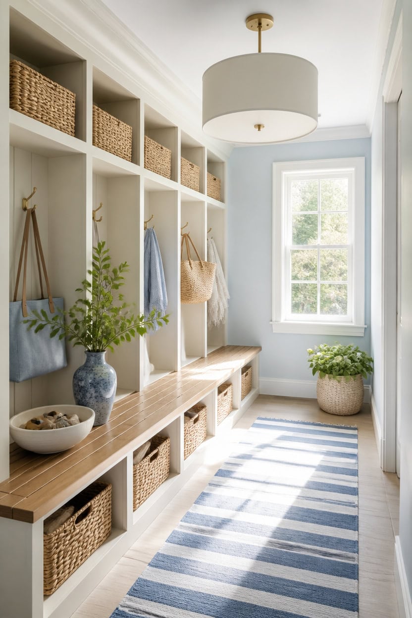 pale blue mudroom styling