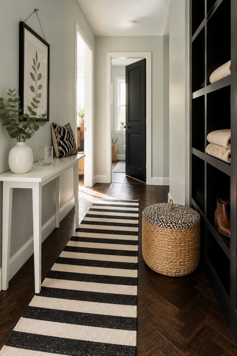 Modern entryway with black and white decor, plants, and a striped rug.
