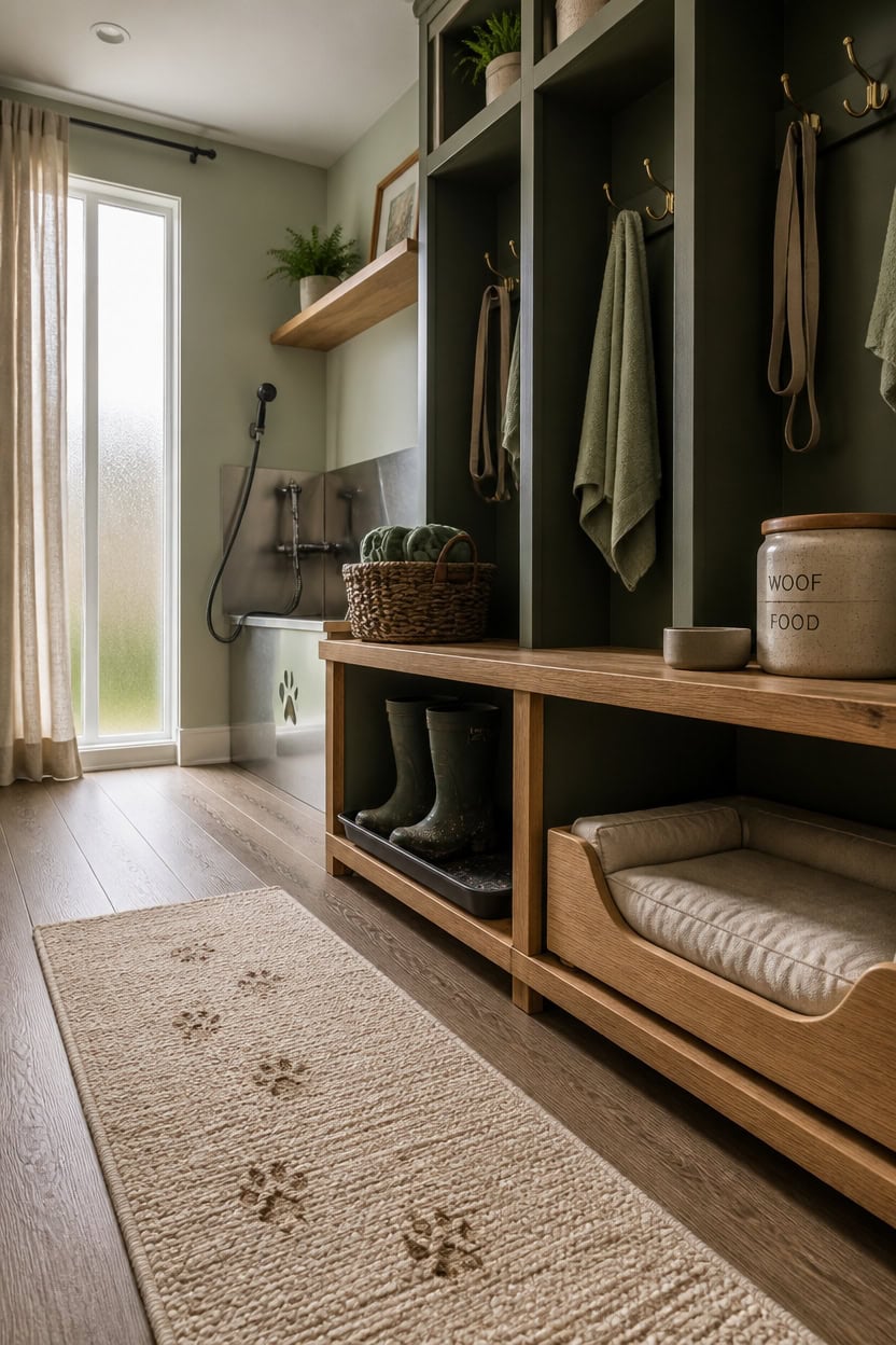 Bright laundry room with shelves, hooks, and a pet bed for convenience.