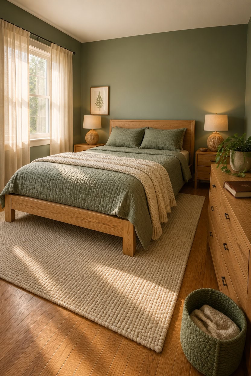 Comfortable bedroom with green walls, wooden furniture, and natural sunlight streaming through the窗.