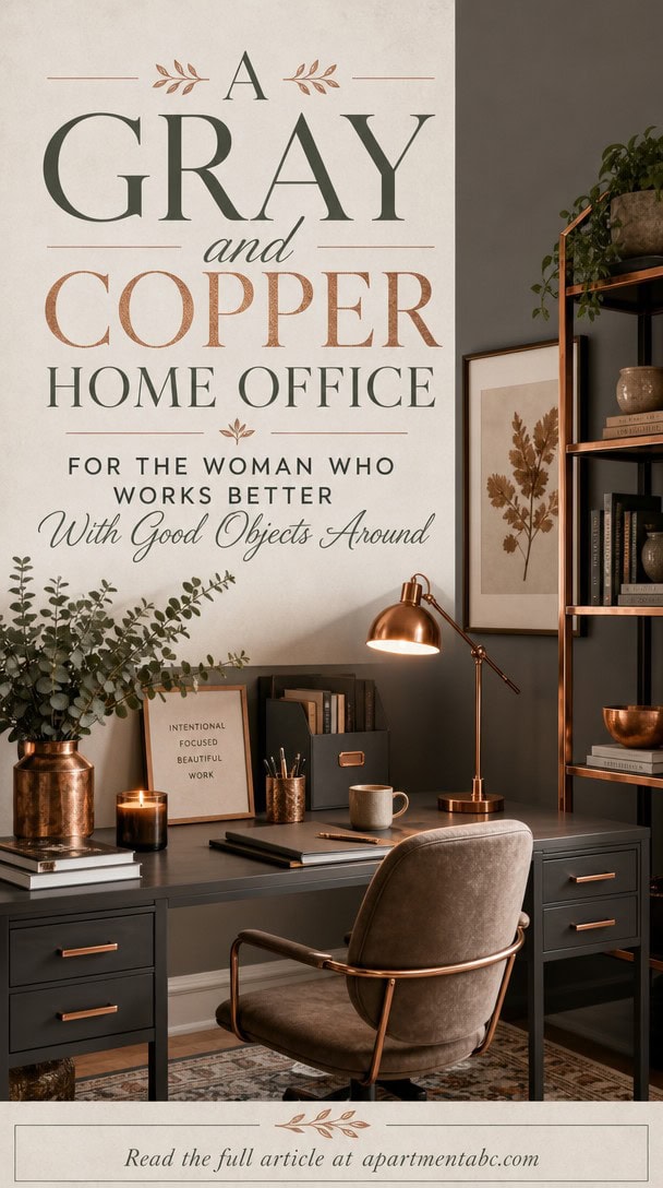 A Gray and Copper Home Office for the Woman Who Works Better With Good Objects Around