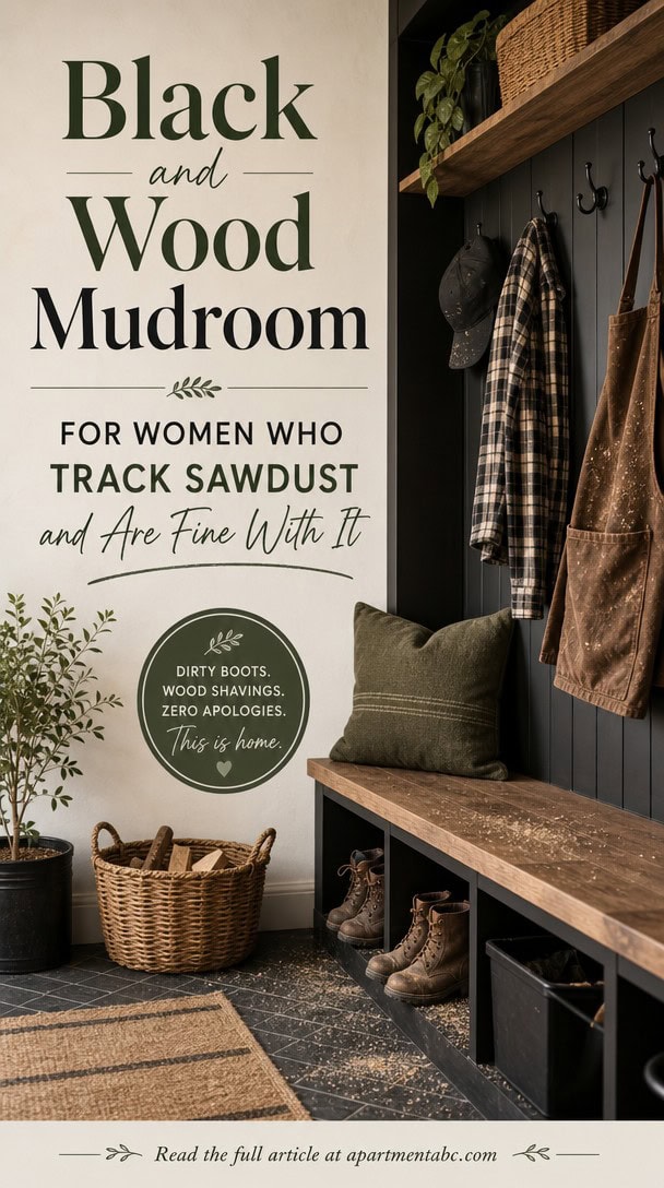 Black and Wood Mudroom for Women Who Track Sawdust and Are Fine With It