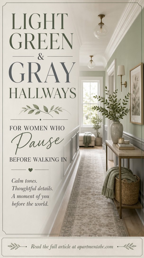 Light Green and Gray Hallways for Women Who Pause Before Walking In