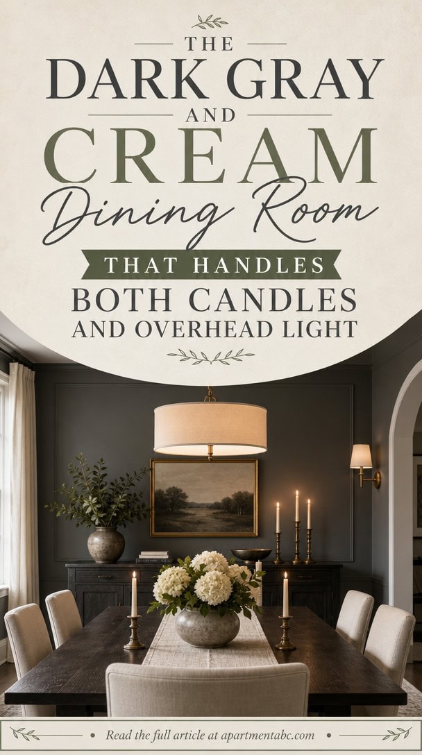 The Dark Gray and Cream Dining Room That Handles Both Candles and Overhead Light