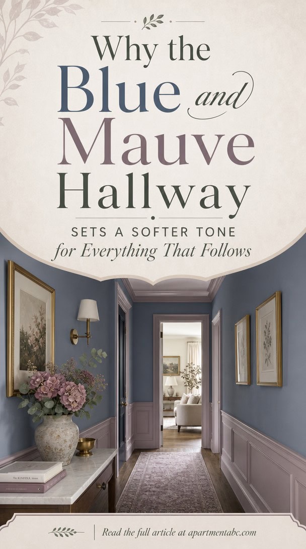 Why the Blue and Mauve Hallway Sets a Softer Tone for Everything That Follows