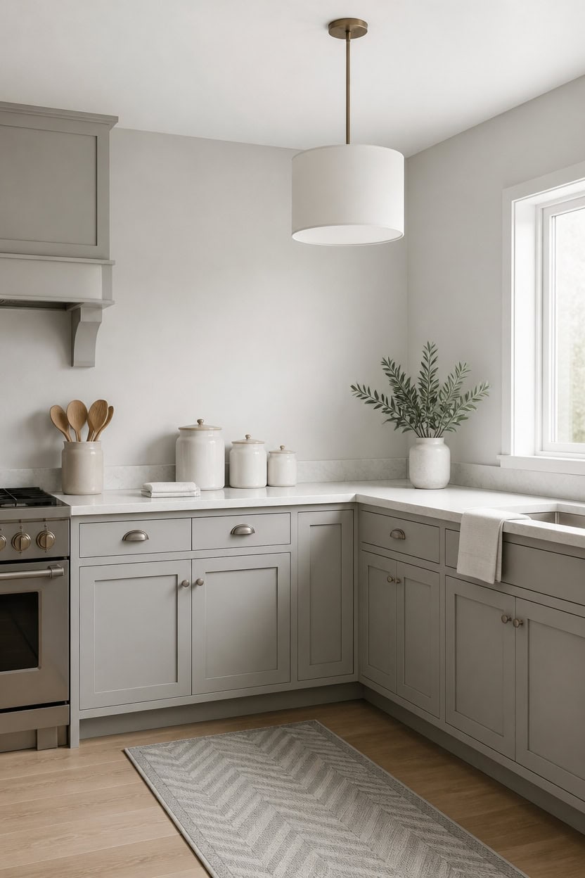 quiet gray and white kitchen