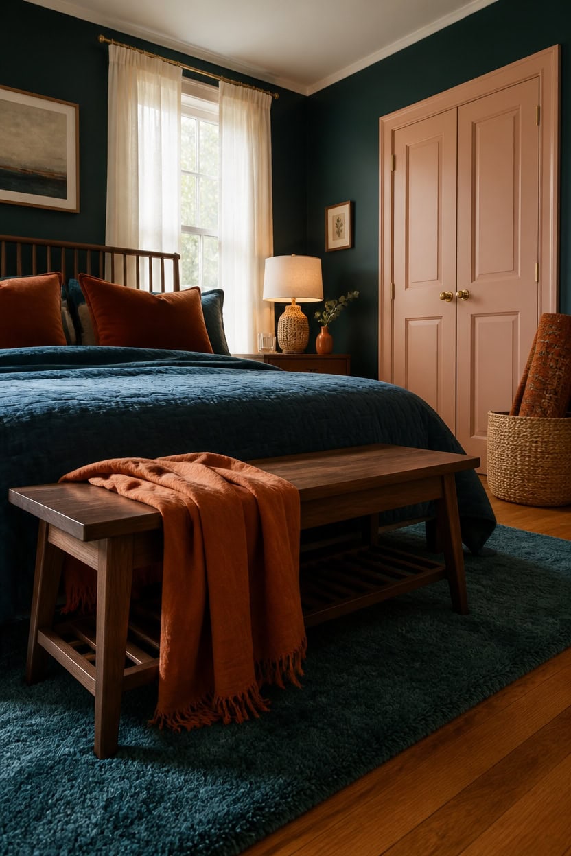 Elegant bedroom with dark teal walls, wooden furniture, and soft lighting.