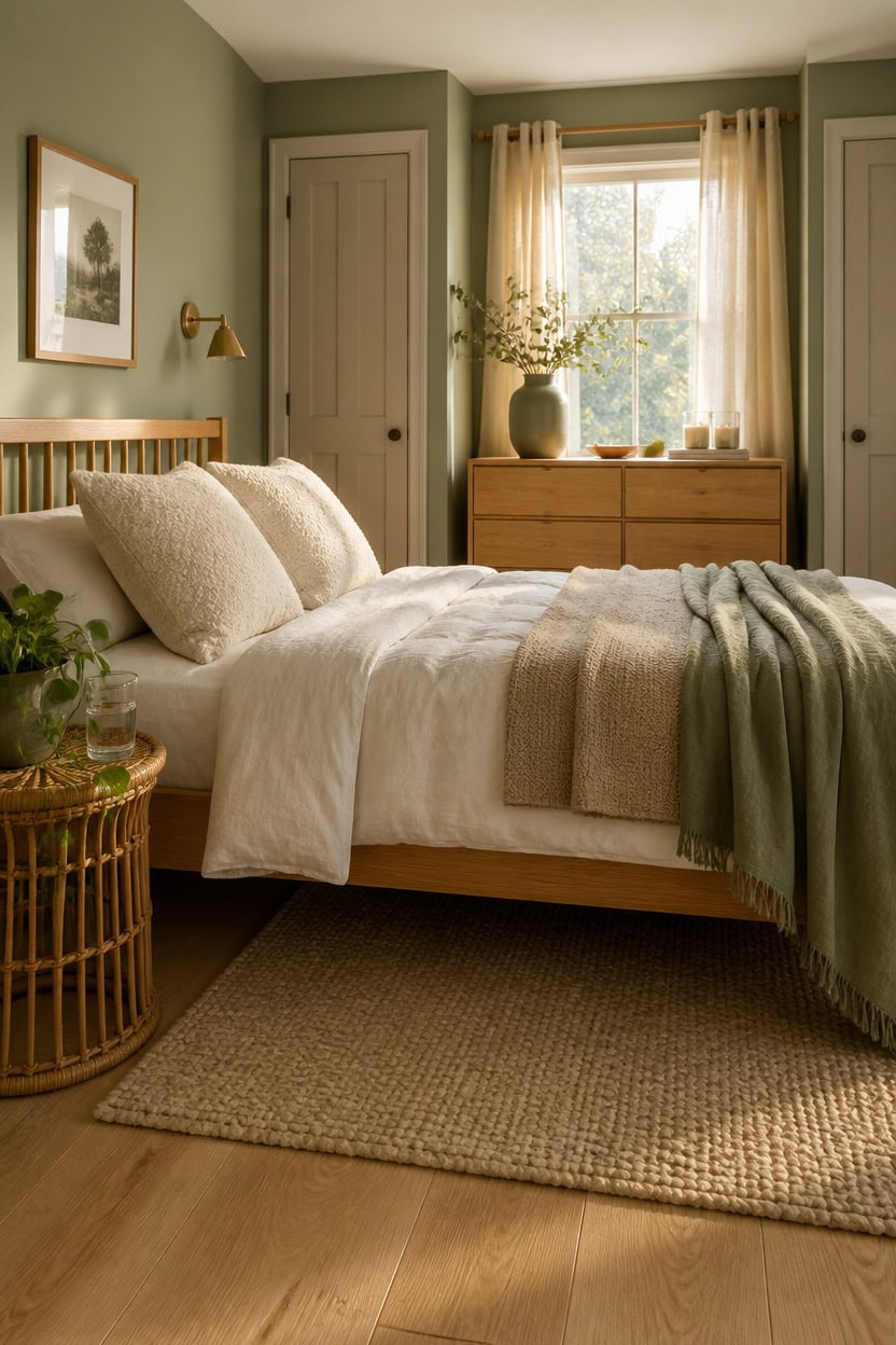 Bright bedroom with large window, neutral decor, and cozy bedding at Apartment ABC.