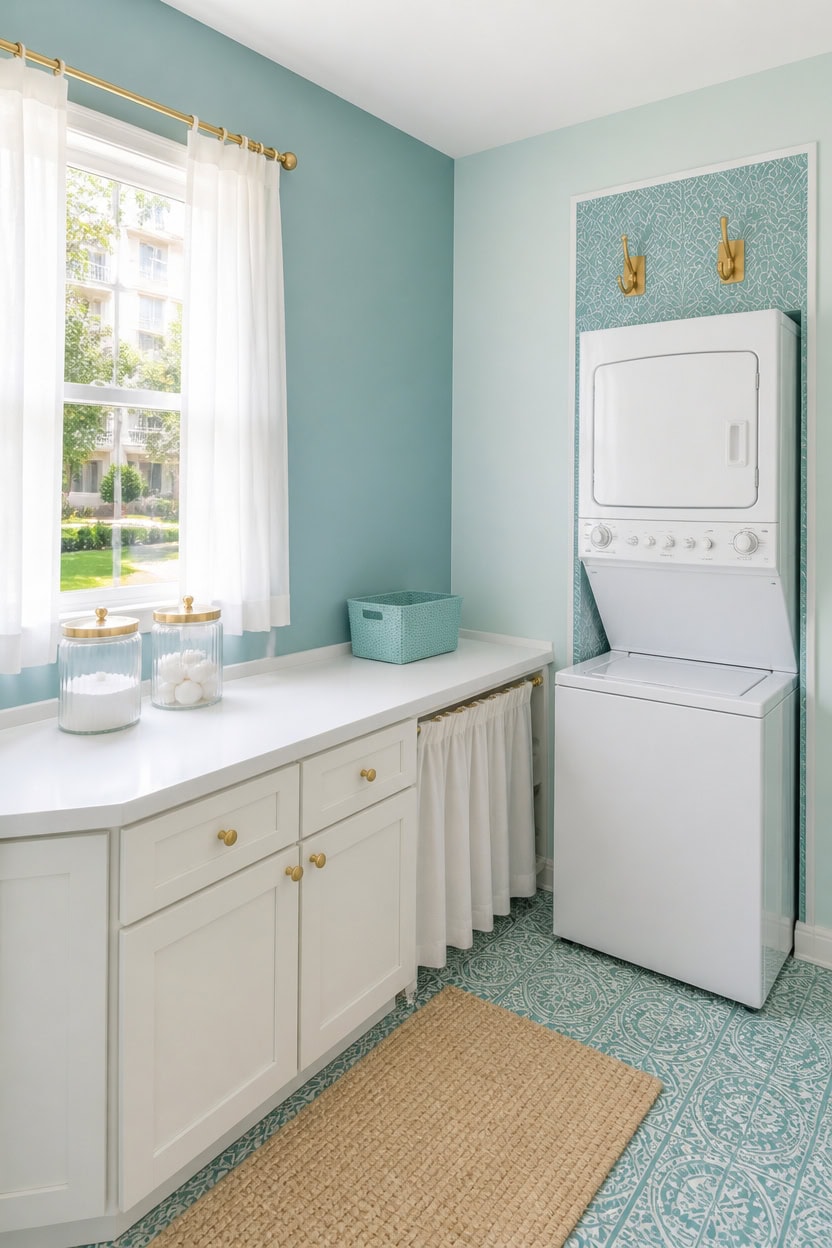 Laundry room with washer, storage, and natural light from window.