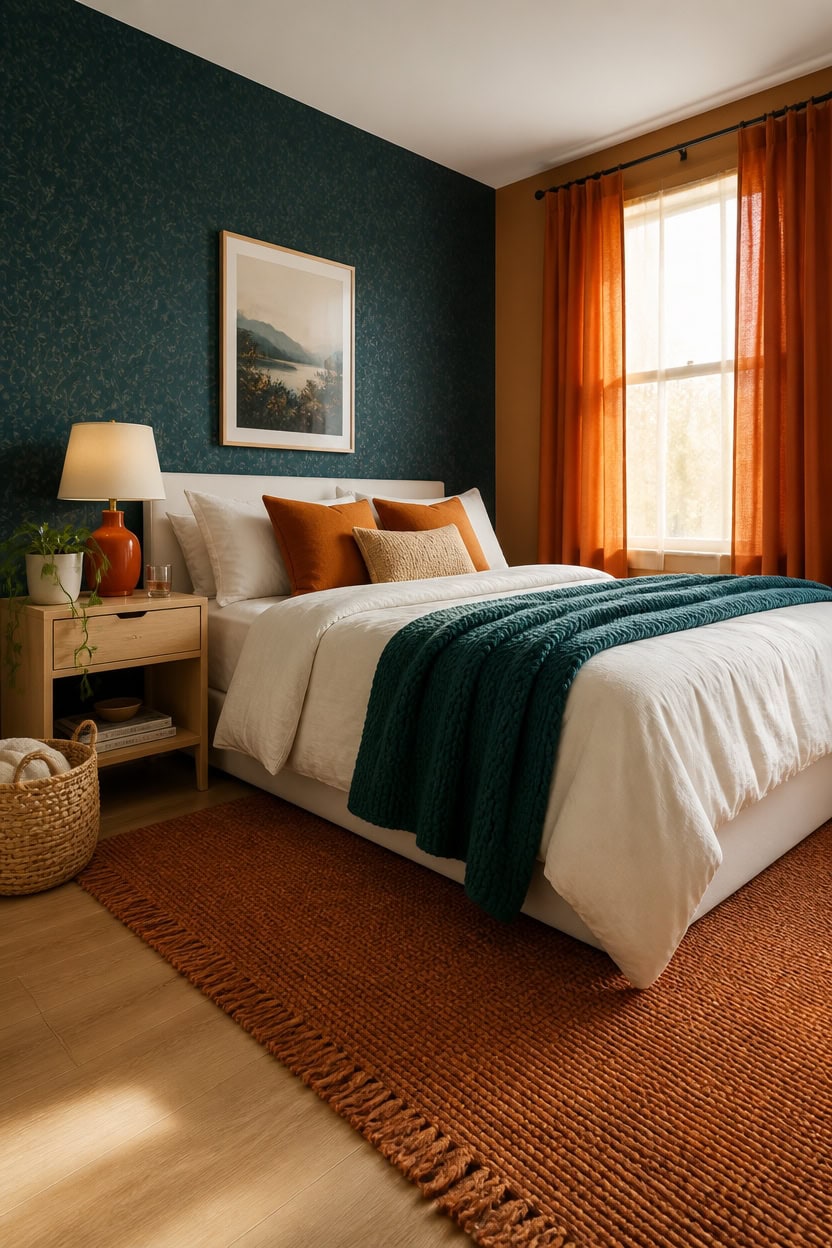 Comfortable bedroom with a large bed, colorful pillows, and warm lighting.