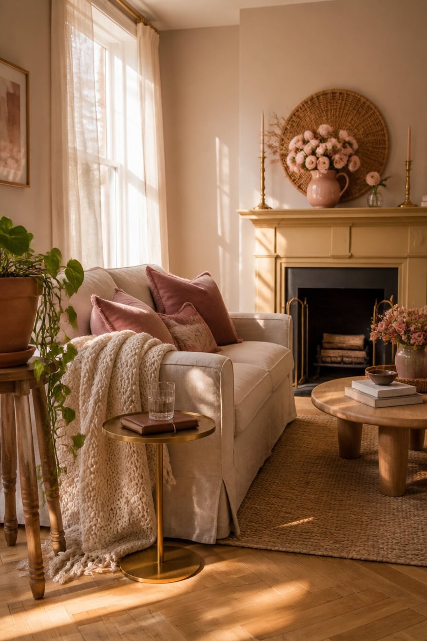 Warm living room with fireplace, pink flowers, and natural sunlight.