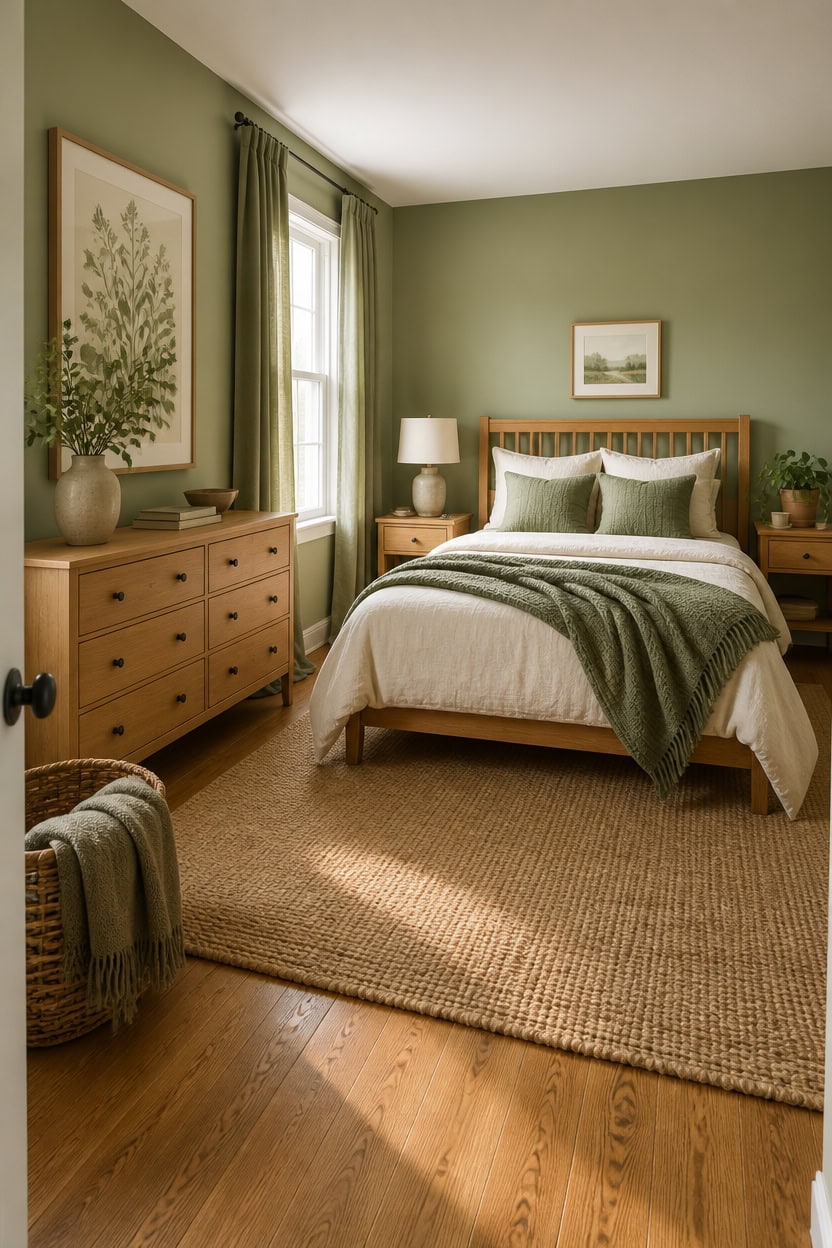 Comfortable bedroom with green walls, wooden furniture, and natural light.