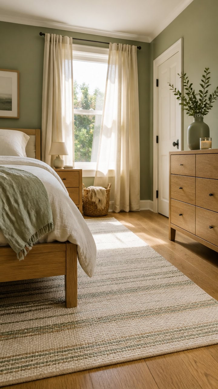 Bright bedroom with large window, cream curtains, and wooden furniture.