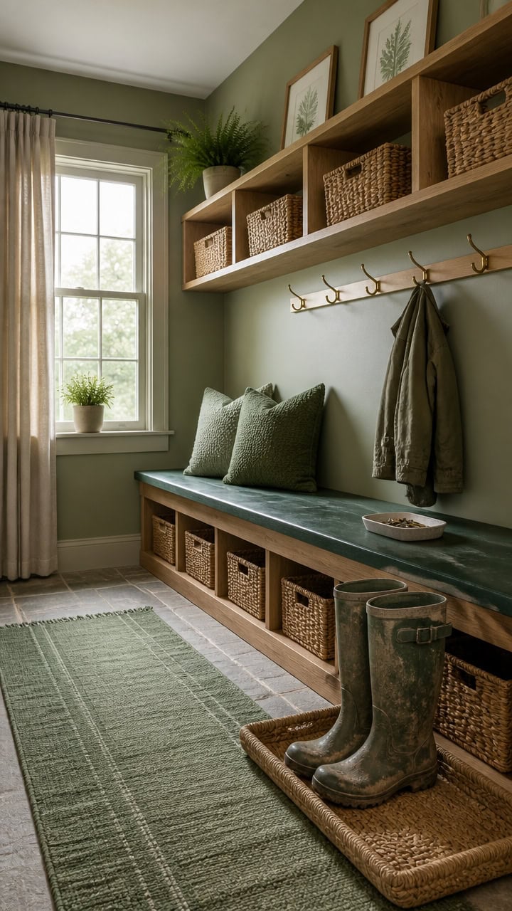 Inviting mudroom with bench, storage baskets, and decorative accents.