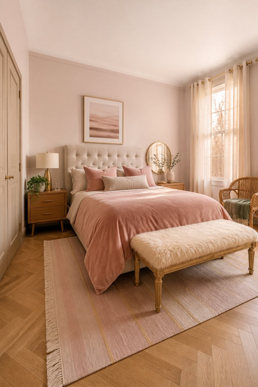 Cozy bedroom with pink bedding, natural light, and stylish furniture.