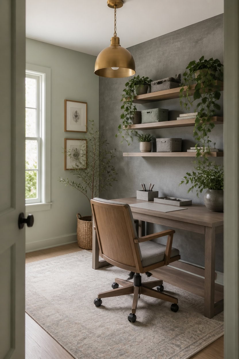 sage and gray grounded workspace with plant