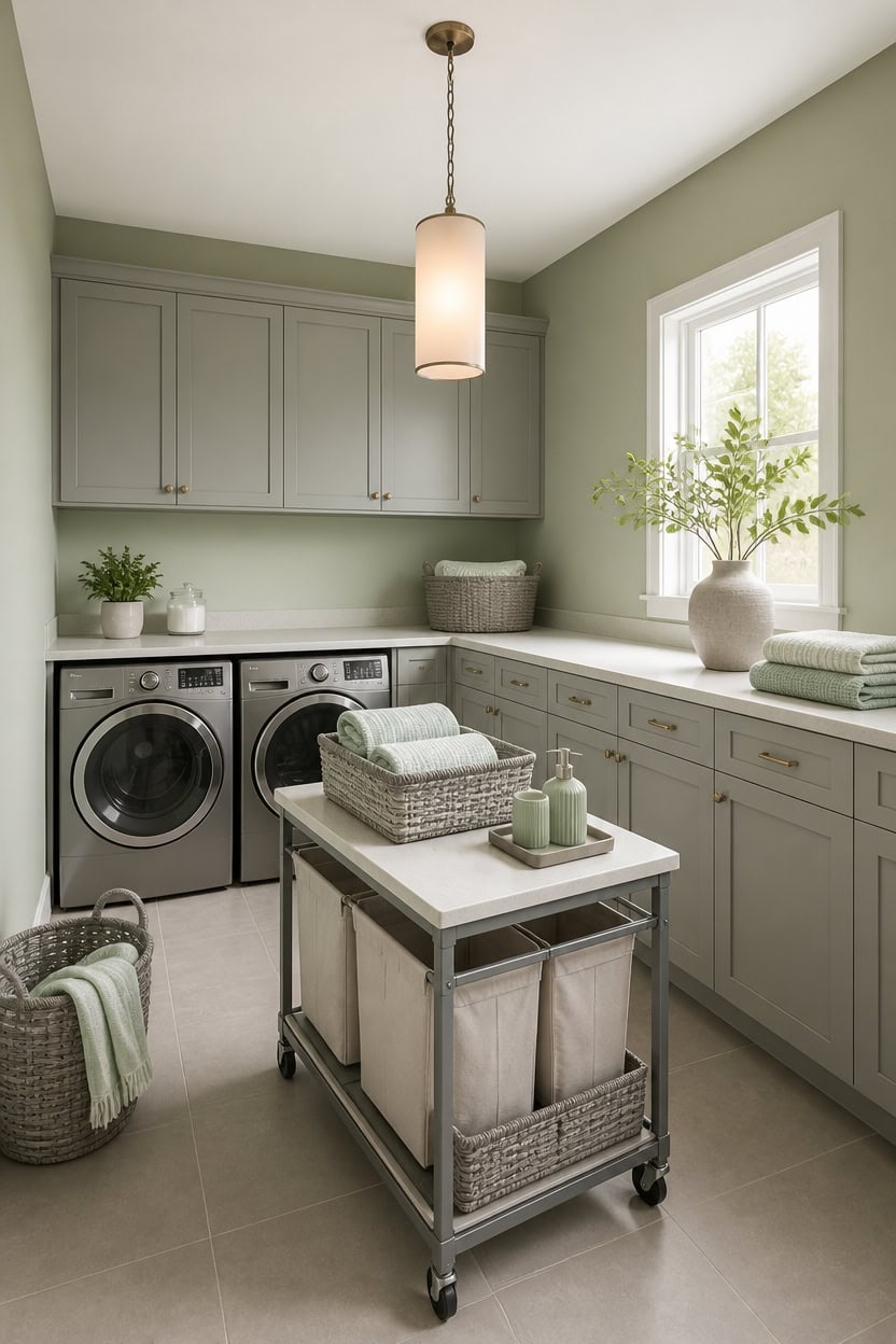 sage gray laundry room vignette