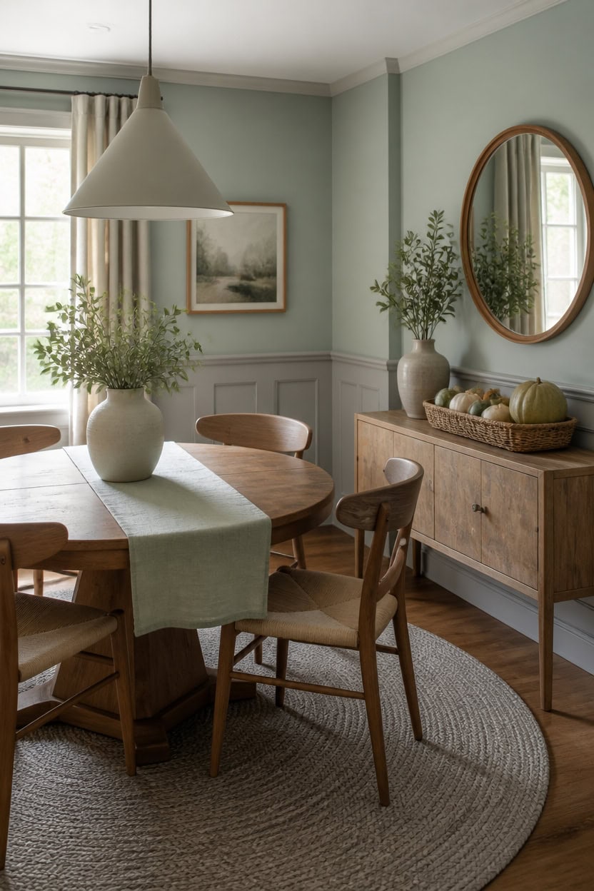 sage gray layered dining vignette