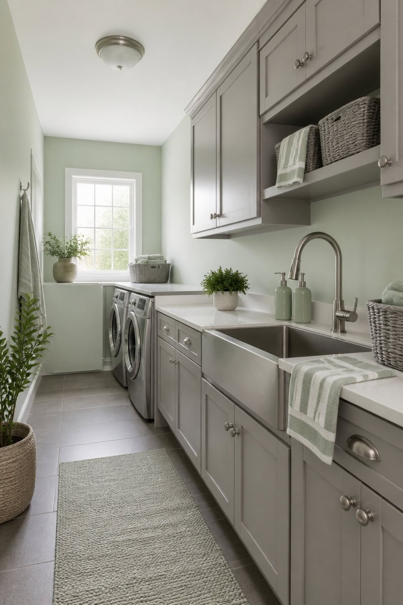 sage green laundry room pairing