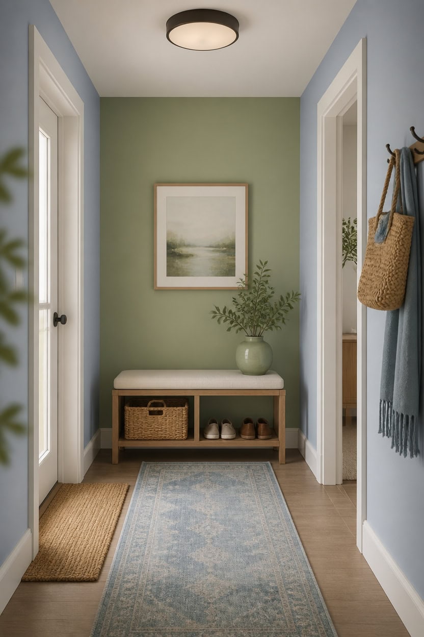 sage teal hallway with bench