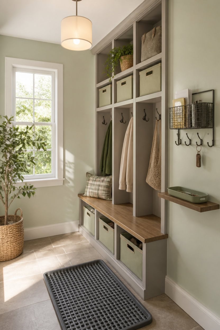 satin green and gray mudroom
