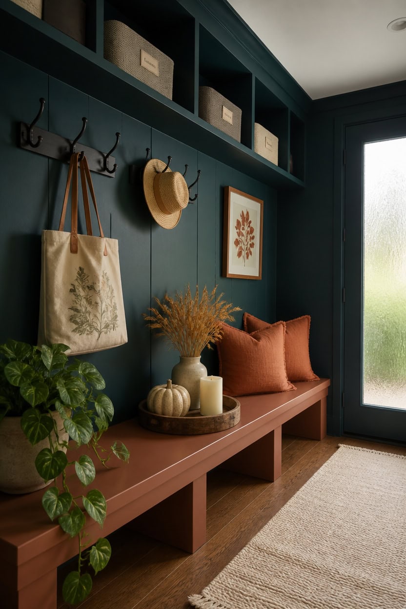 Stylish entryway with bench, wall hooks, and decorative accents.